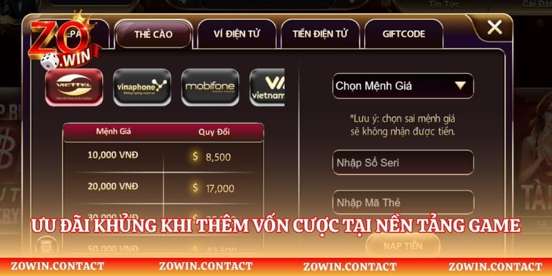 Ưu đãi khủng khi thêm vốn cược tại nền tảng game